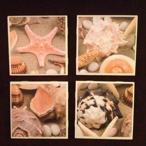 Set of 4 Handmade Beach Seashell Ceramic Coasters